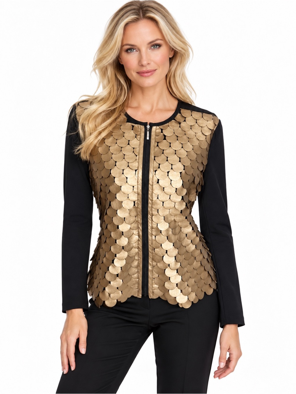 T&W Designs Black Gold Disc Embellished Zip Front Jacket Size Medium